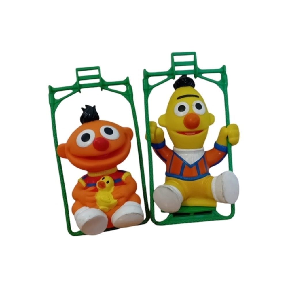 Vintage VTG Sesame Street Babies‎ Kids Bert & Ernie On Swing Plastic Squish Toys
